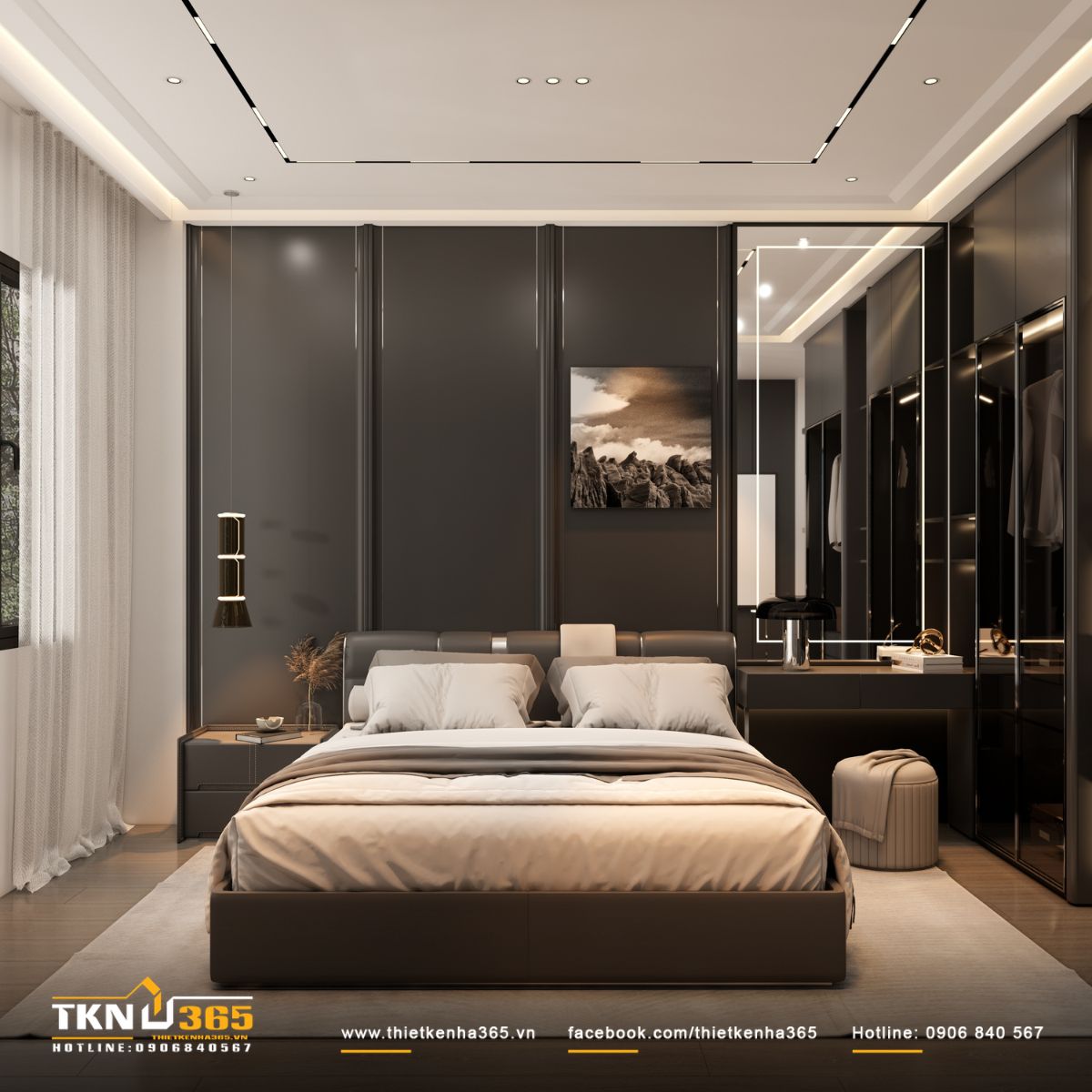 Giường bọc nỉ kết hợp tường đầu giường tối màu, tạo cảm giác ấm áp và tĩnh lặng cho không gian nghỉ ngơi