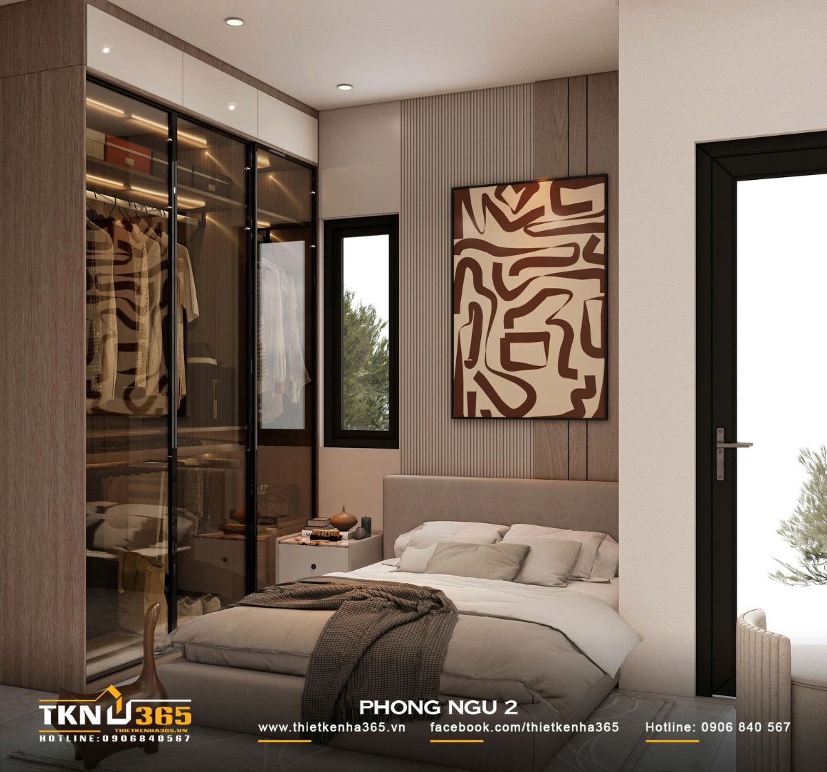 Hệ tủ quần áo cao kịch trần với cửa kính và đèn LED âm gợi cảm giác rộng rãi, gọn gàng cho phòng ngủ