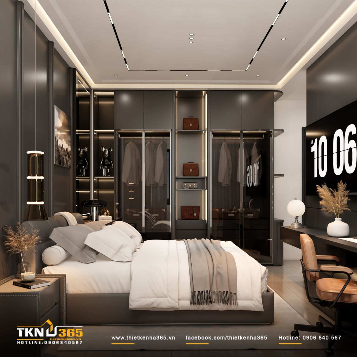 Hệ tủ quần áo cánh kính và đèn LED viền, mang lại vẻ sang trọng như một phòng thay đồ thu nhỏ