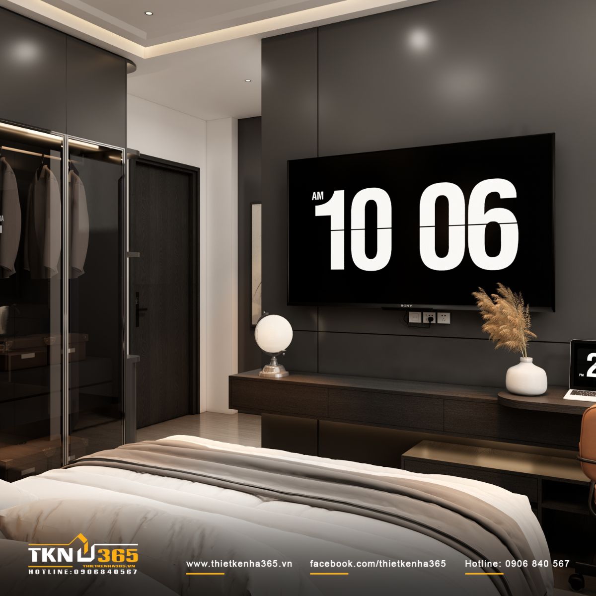 Kệ tivi tối giản với mảng tường xám đậm, đồng bộ với tông màu trầm của phòng ngủ