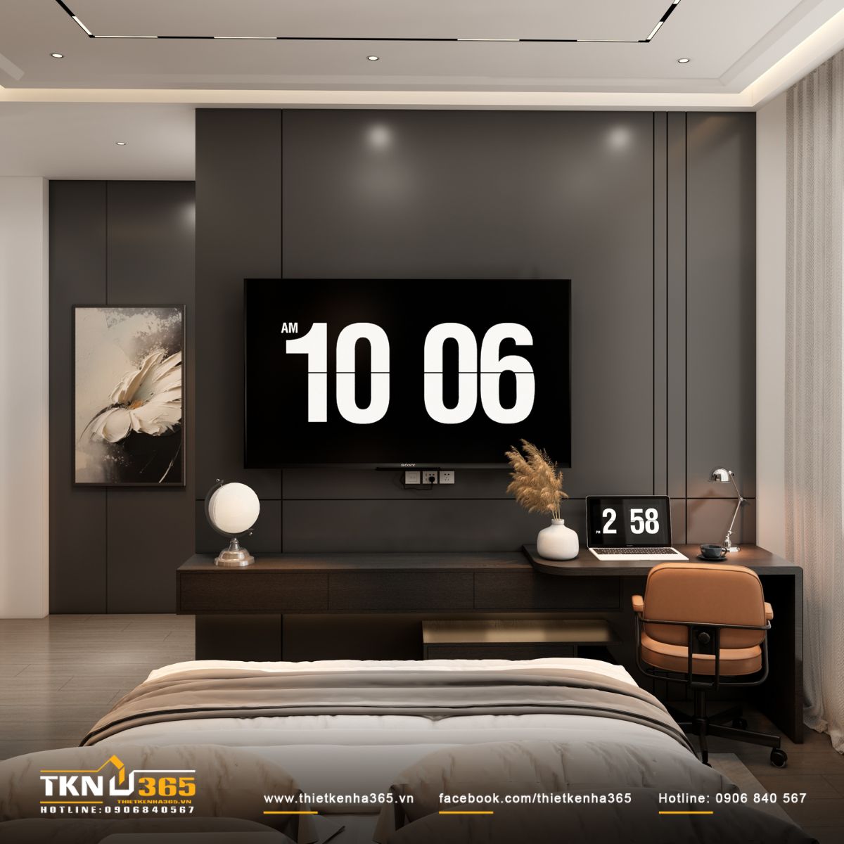 Bàn làm việc liền kệ tivi, bố trí gọn gàng, phù hợp thói quen sinh hoạt hàng ngày