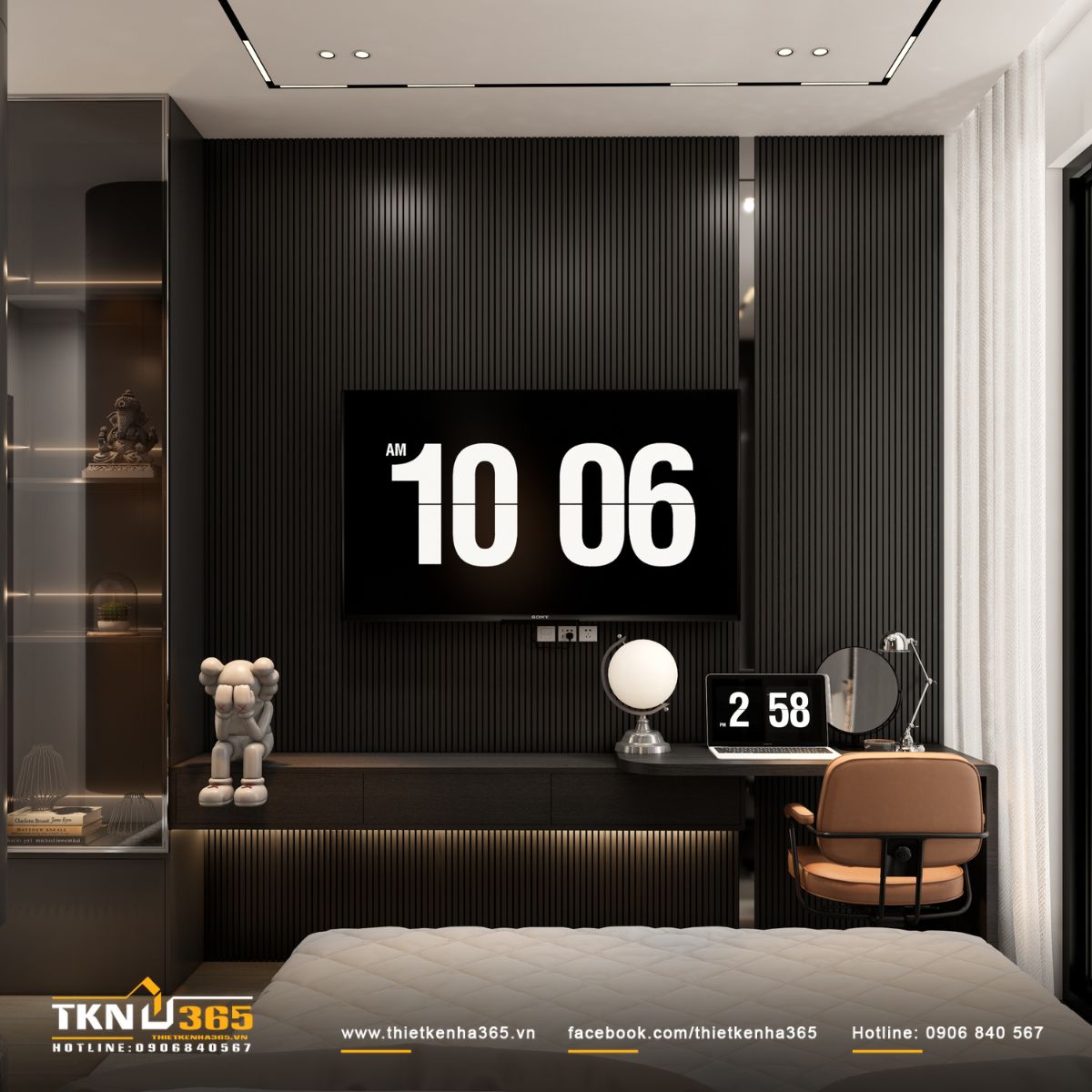 Bức tường lam dọc tối màu, giúp không gian thêm chiều sâu và sang trọng