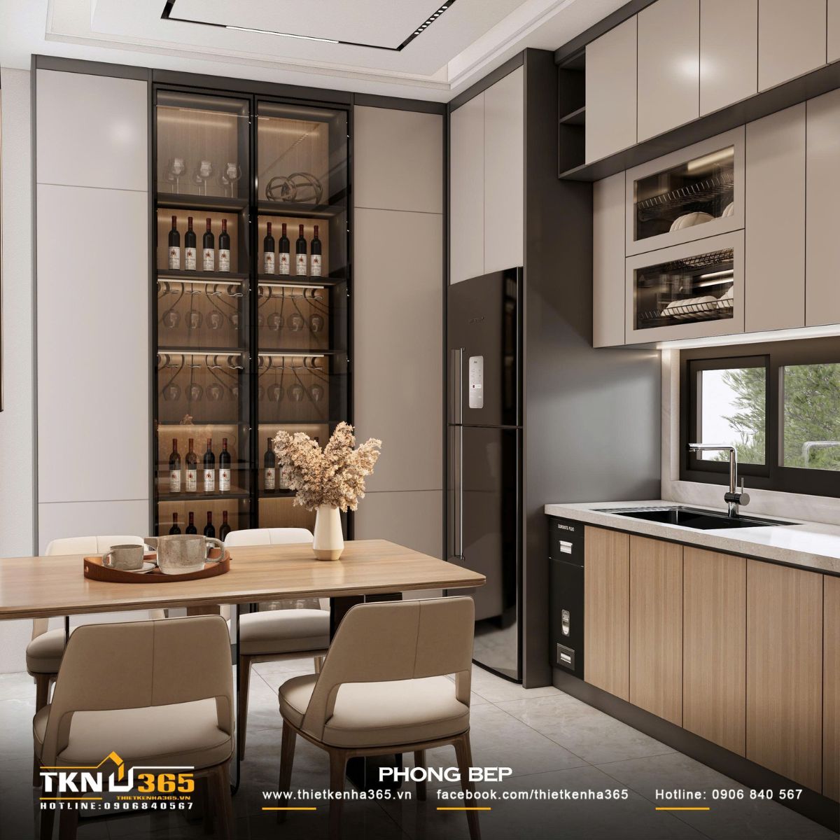 Tủ rượu âm tường cửa kính và ánh sáng dịu tạo điểm nhấn tinh tế, nâng tổng thể bếp - ăn thêm sang trọng