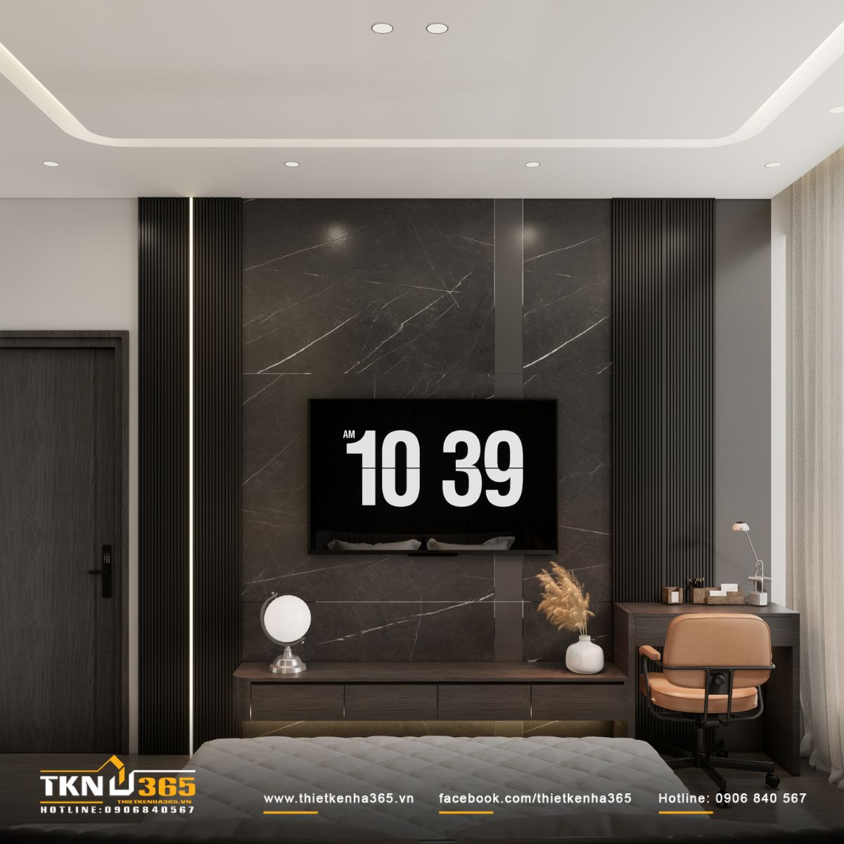 Lọ hoa decor và ánh sáng ấm trên mặt bàn tăng cảm giác thư thái cho phòng ngủ