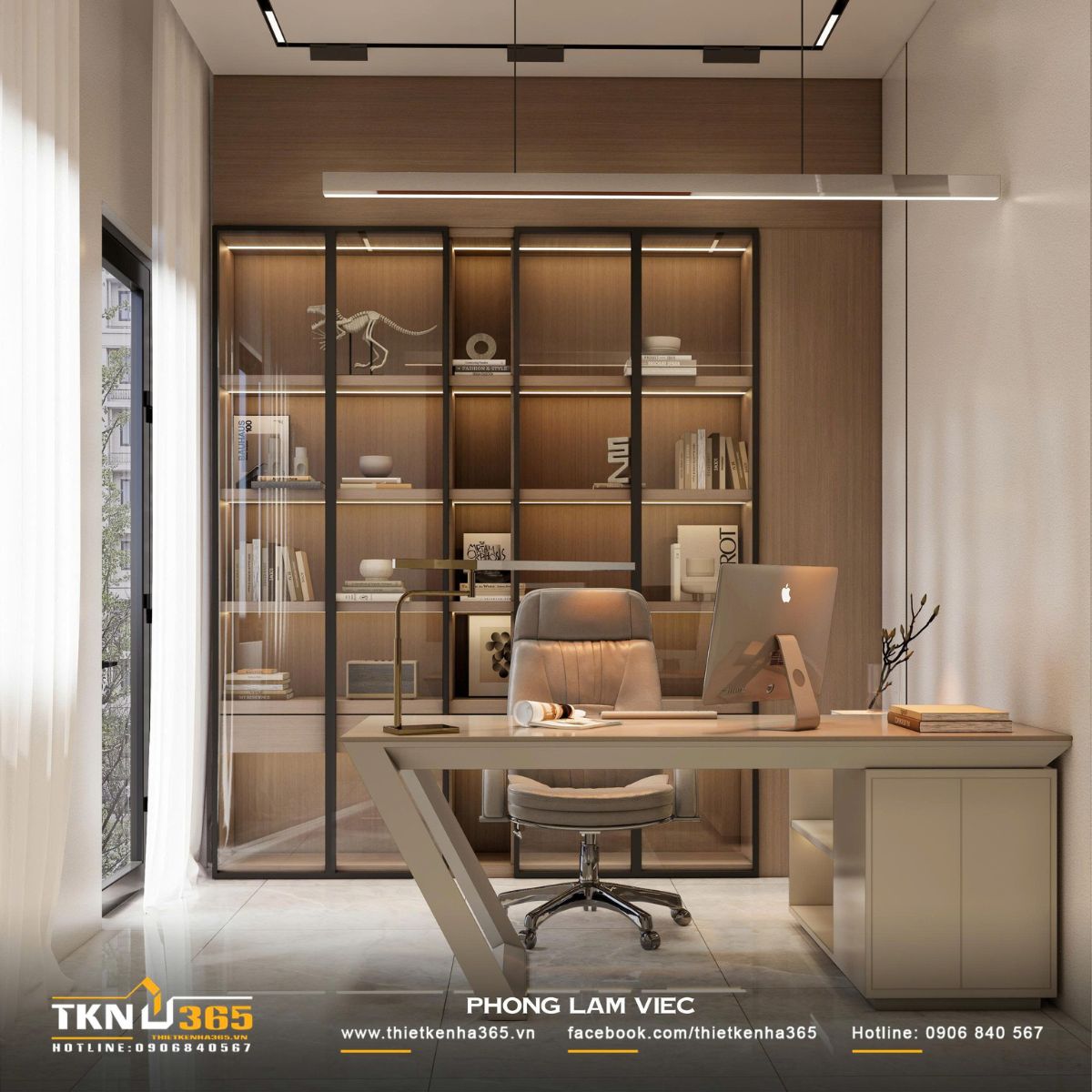 Tủ sách cửa kính kịch trần, ánh sáng hắt sau tạo chiều sâu thị giác, mang lại cảm giác của một thư phòng nhỏ gọn trong nhà phố