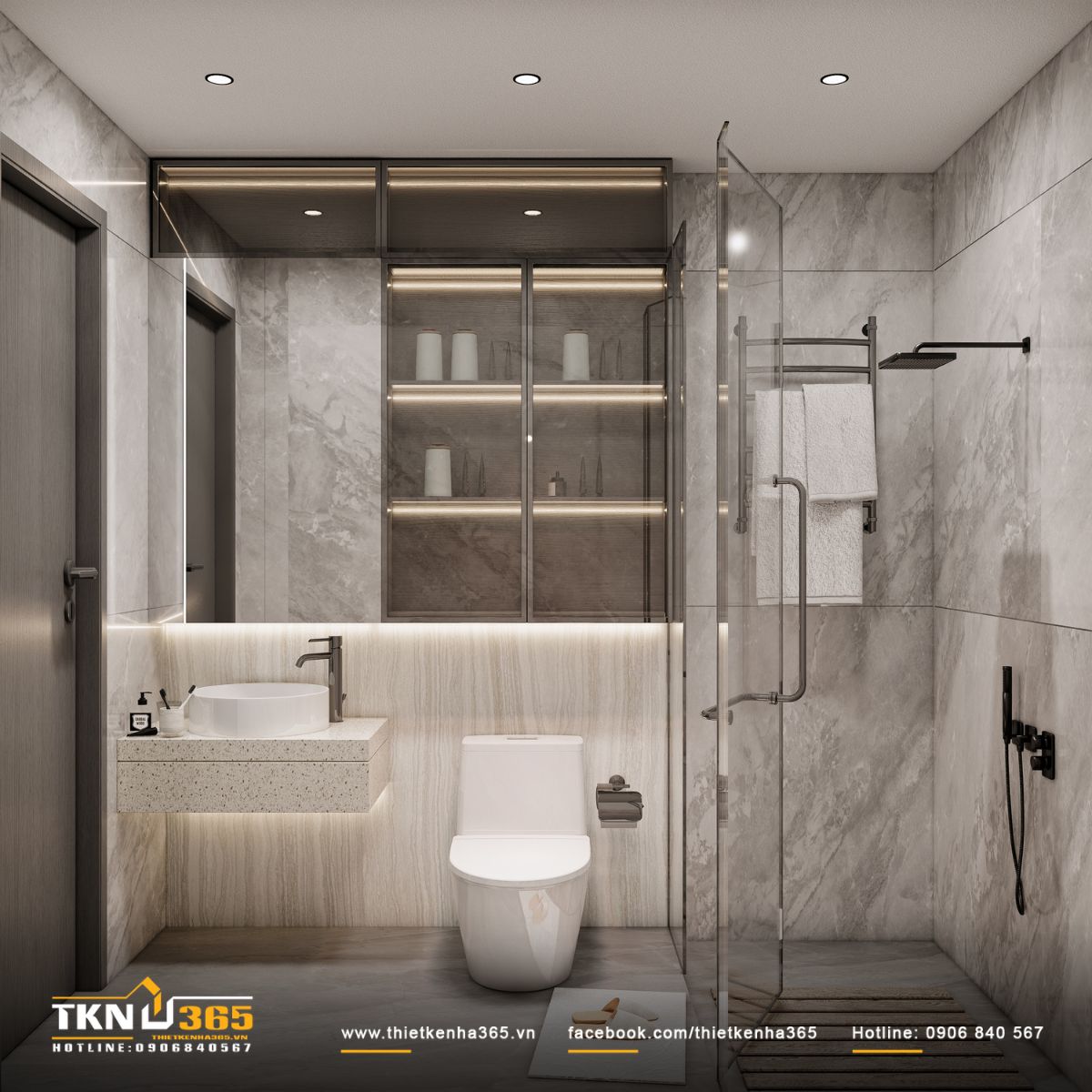 Lavabo đặt trên khối đá terrazzo kết hợp ánh sáng hắt mềm, nhẹ nhàng và thu hút