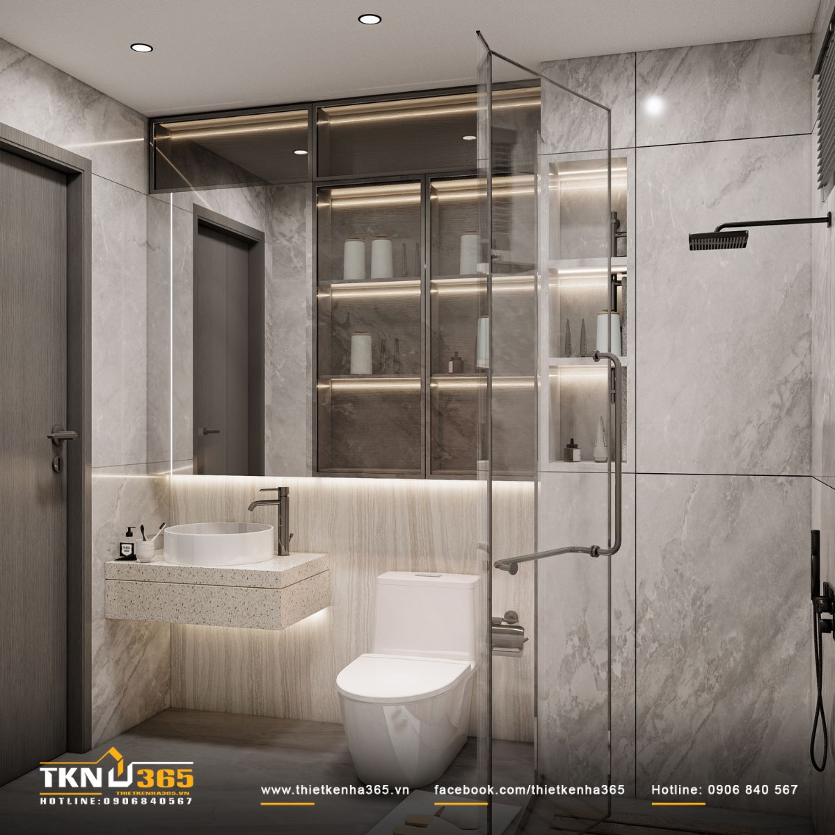 Buồng tắm kính và tủ âm tường tích hợp đèn LED giúp tối ưu lưu trữ, mang lại trải nghiệm như một spa mini tại nhà