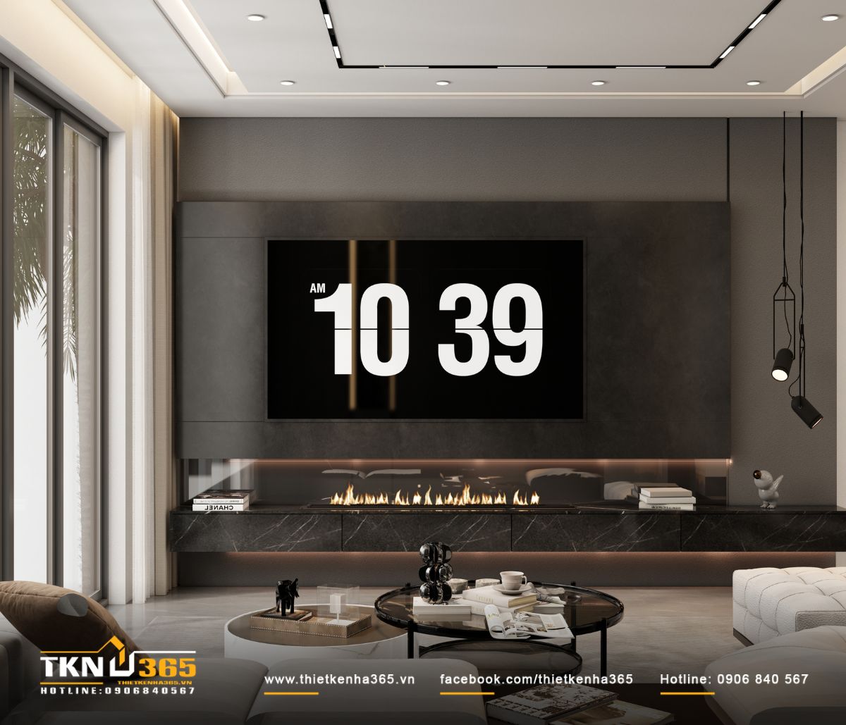 Hệ vách tivi ốp đá tối màu, kết hợp ánh sáng hắt ẩn tôn các đường vân đá và tạo chiều sâu thị giác