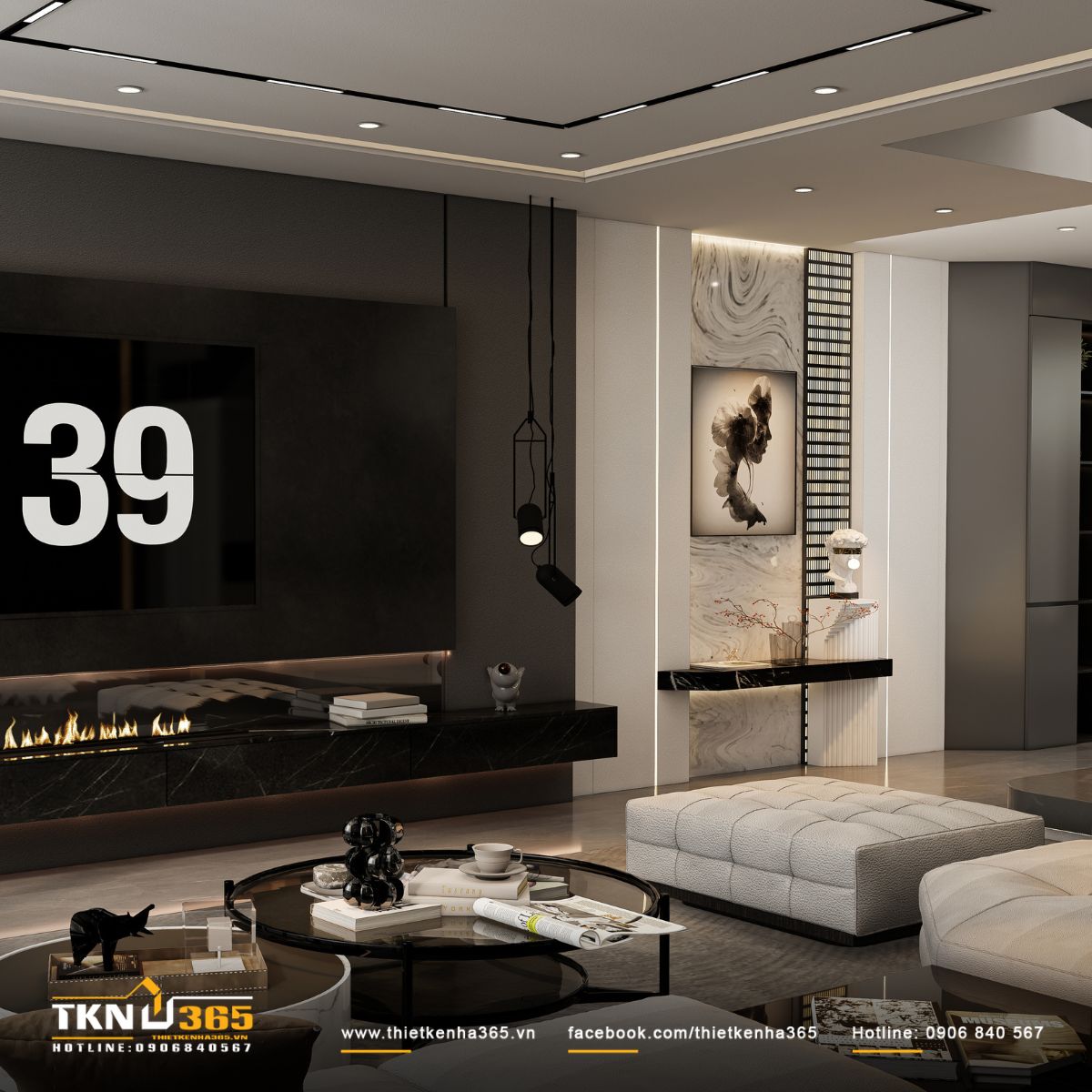 Những phụ kiện đầy tính nghệ thuật đặt cạnh tivi, bộ đèn thả kiểu dáng lạ mắt mang lại một nhịp điệu mới cho phòng khách