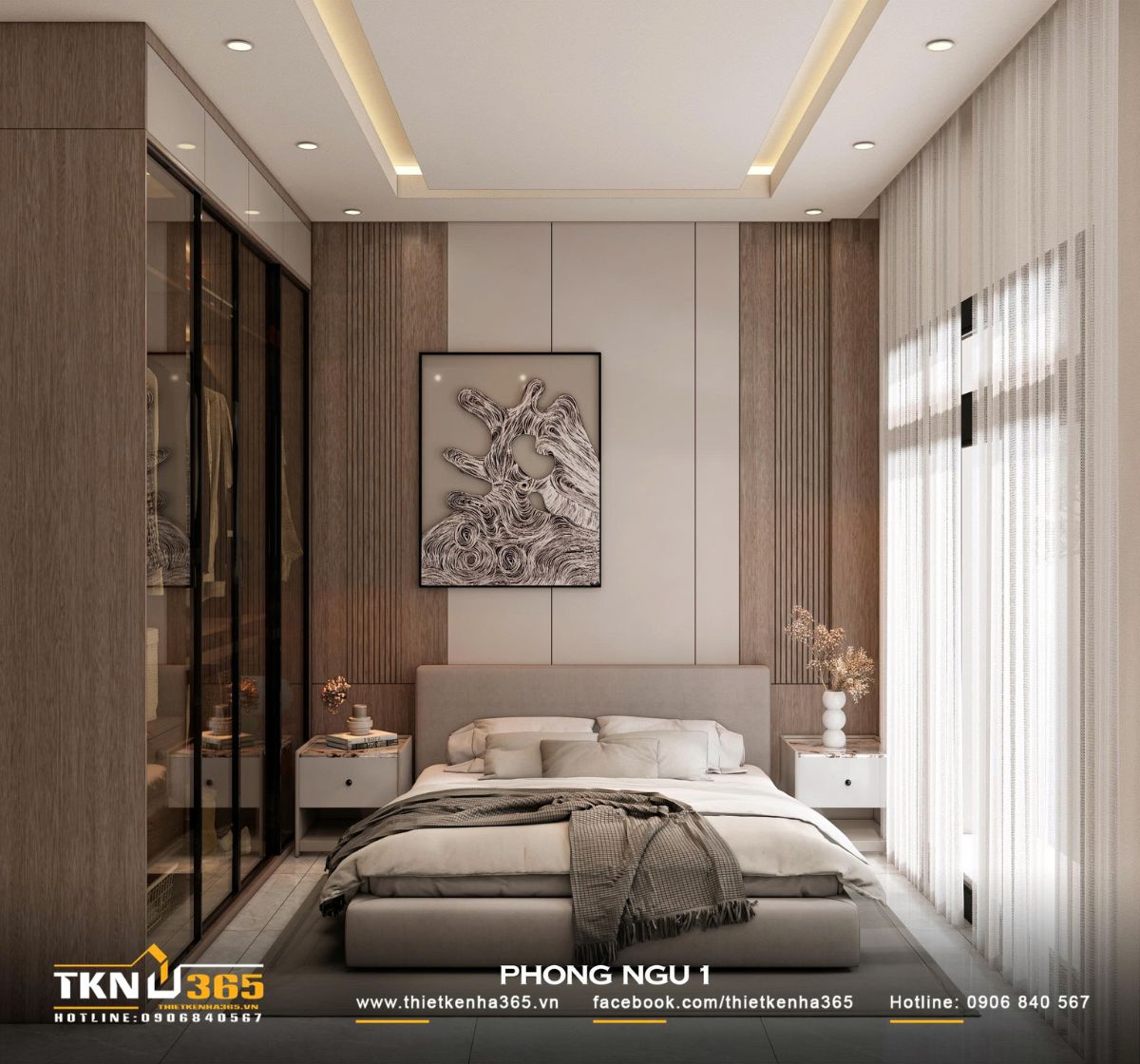 Bức tường đầu giường kết hợp gỗ sáng màu, lam dọc và panel màu be tạo nên vẻ thanh thoát, nhẹ nhàng