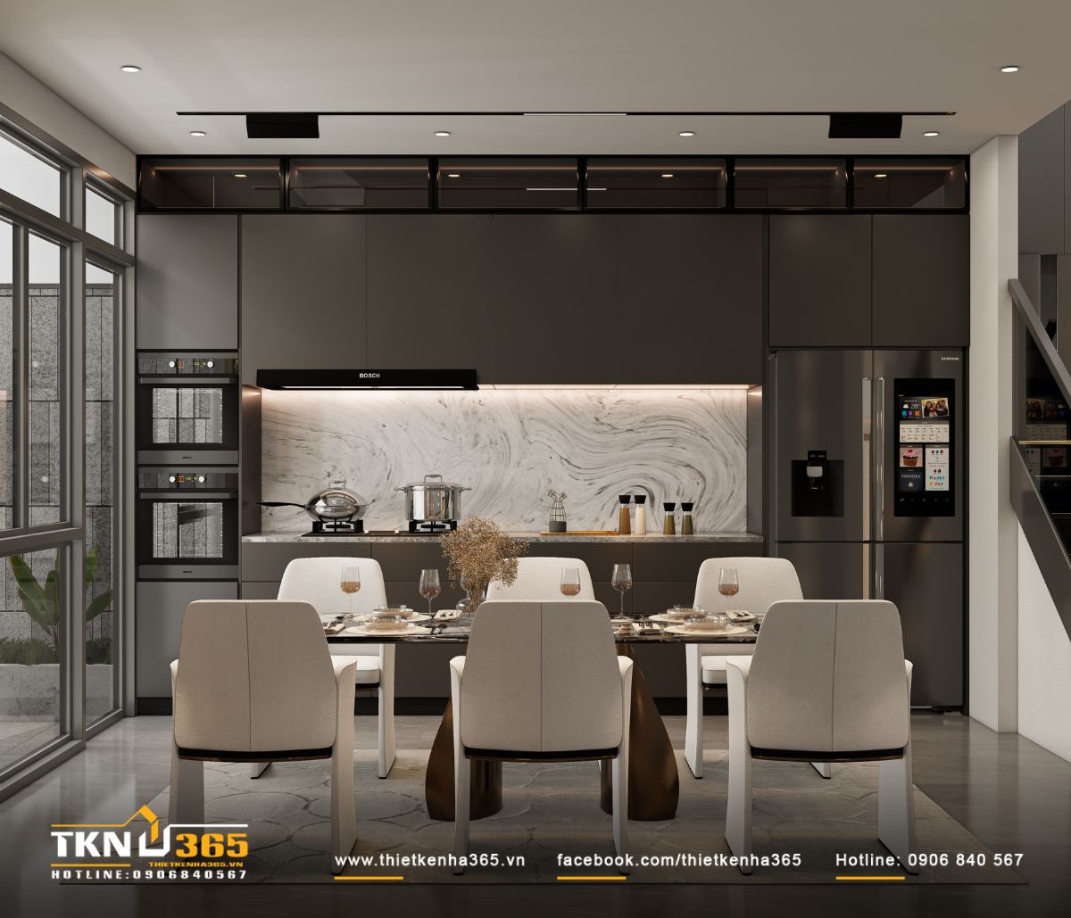 Hệ tủ bếp than mờ kết hợp mặt đá vân xoáy, tạo hiệu ứng thị giác sang trọng cho toàn bộ khu vực nấu nướng
