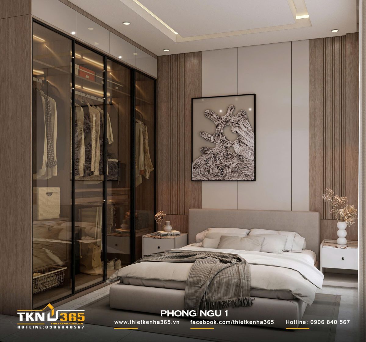 Tủ quần áo cửa kính tối màu tạo chiều sâu thị giác, giúp phòng ngủ gọn gàng và hiện đại