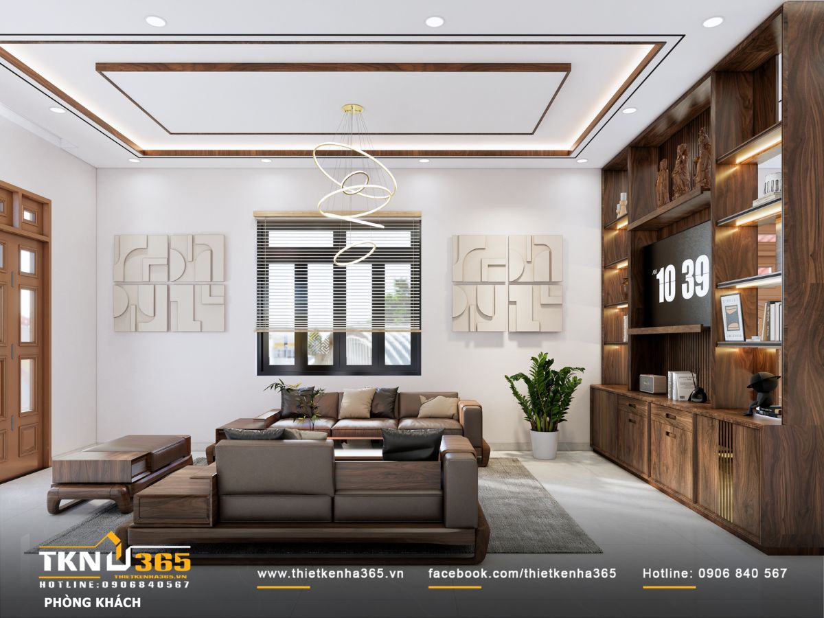 Hệ cửa sổ lớn lấy sáng tự nhiên, rèm sáo gỗ điều tiết ánh sáng thành những vệt dịu nhẹ