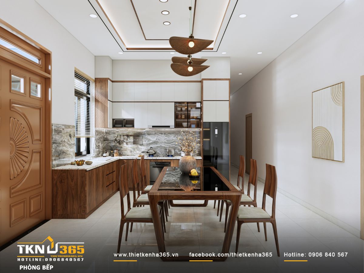 Bàn ăn gỗ đặt giữa trung tâm, bên trên là bộ đèn mây đan tinh giản mang hơi thở miền Tây