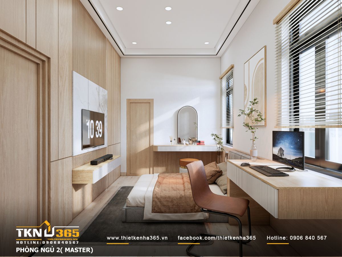 Bàn làm việc đặt dọc cửa sổ với mặt bàn dài, ánh sáng điều tiết bằng rèm sáo giúp người lớn tuổi đọc báo, ghi chú thoải mái mỗi ngày