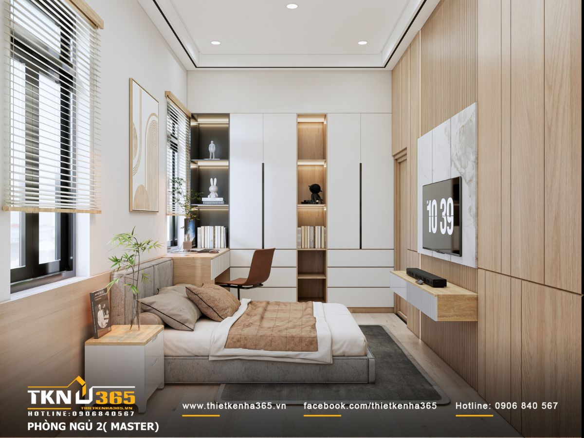 Mảng tường ốp gỗ chạy dọc kết hợp kệ tivi nổi giúp phòng ngủ cao và thoáng hơn, giữ được sự gọn gàng và ấm áp cần thiết