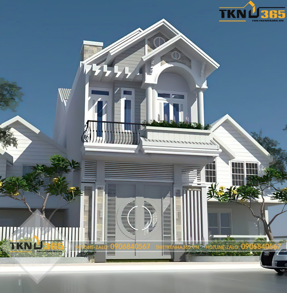 Nhà 5x20m lệch tầng có 2 tầng mái thái với 2 tông màu trắng và xám không hề nhàm chán