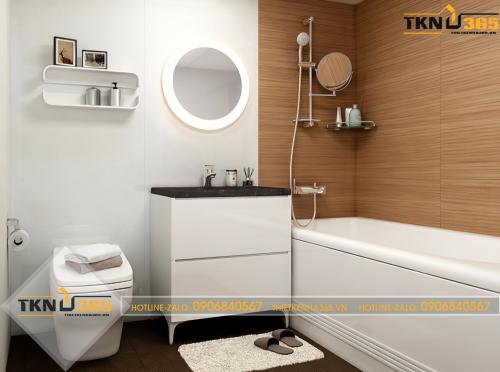 Phòng tắm màu trắng kết hợp với gỗ công nghiệp