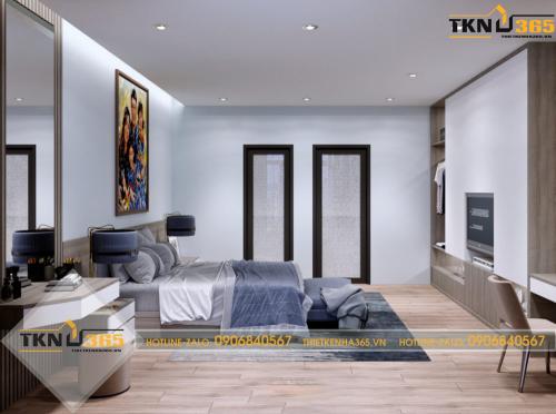 Nội thất phòng ngủ tối giản, có cửa kính và rèm để tận dụng ánh sáng khi cần thiết