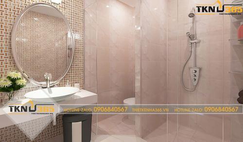Tông gạch nhà tắm cũng màu hồng nhẹ sáng giúp không gian như mở rộng ra