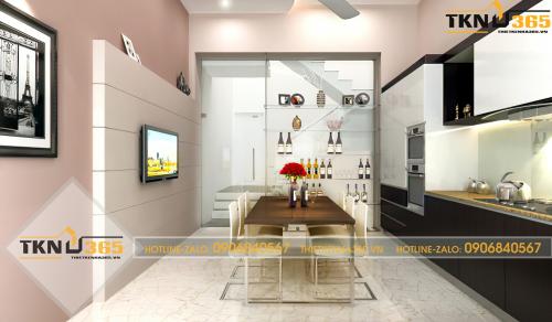 Phòng bếp kết hợp phòng ăn cực sang, sơn tường màu hồng tuyệt đẹp