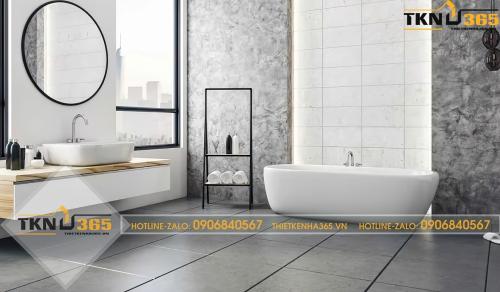 Phòng tắm cực đẹp với bồn rửa tay lớn, gương tròn