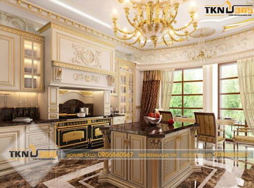 Phòng bếp ánh vàng ấm cúng có bàn đảo