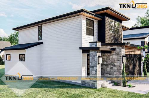 Thiết kế nhà 3 tầng mặt tiền 8m sâu 10m với mặt tiền ốp đá