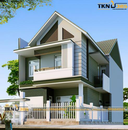 Thiết kế nhà mặt tiền 8m sâu 10m với màu xanh rêu mới lạ