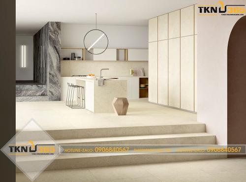 Phòng bếp được thiết kế tủ kịch trần, ghế ngồi có hình khối độc lạ