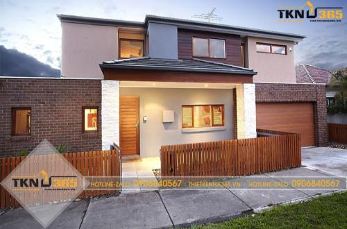 Nhà 2 tầng có màu nâu gỗ mang đến cảm giác ấm cúng