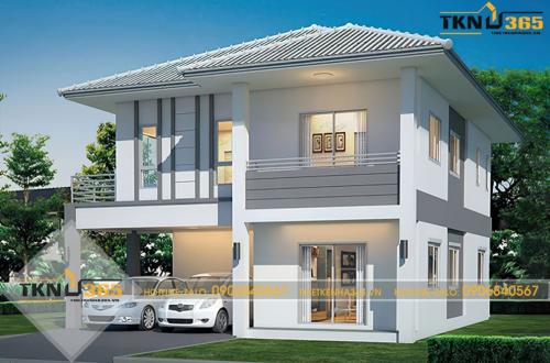 Nhà mặt tiền 8m sâu 10m có ban công lớn, một phần mặt tiền  được ốp gỗ tạo điểm nhấn