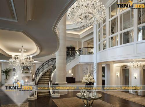 Phòng khách thiết kế kiểu cổ điển với đèn chùm trang trí