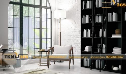 Phòng đọc sách tối giản với 1 giá sách, 1 bộ bàn ghế 