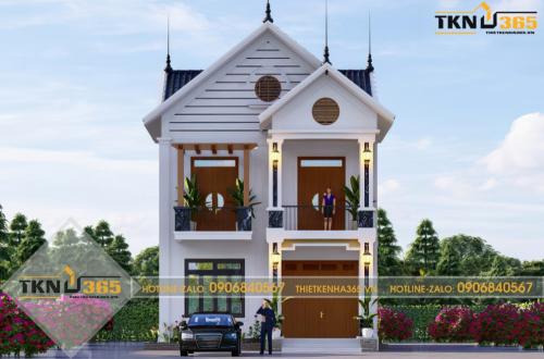 Nhà mặt tiền 8m sâu 10m có 2 tầng, cửa gỗ, ban công được tận dụng trồng cây xanh