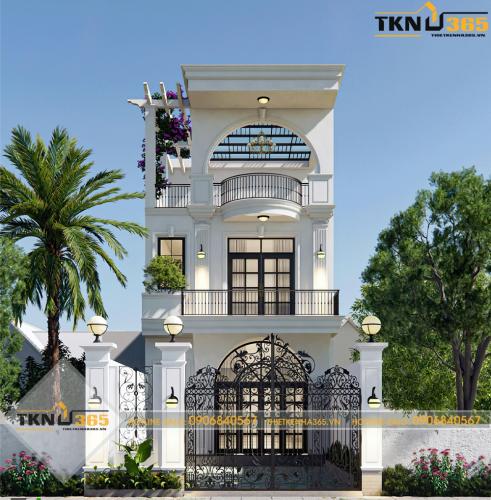 Nhà mặt tiền 8m sâu 10m có tầng tum thoáng đãng, tông màu trắng tối giản tạo nên sự sang trọng, đẹp mắt