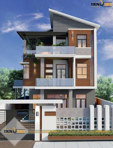 Nhà 3 tầng mái lệch có ban công giúp tận dụng tối đa ánh sáng tự nhiên