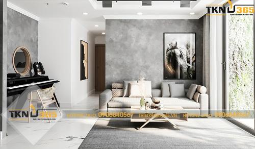 Phòng khách thiết kế tối giản với 2 tông màu trắng và xám làm chủ đạo