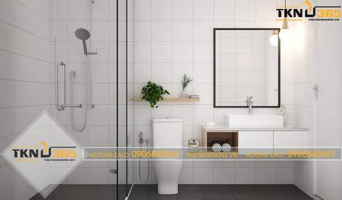 Phòng tắm và nhà vệ sinh với tông màu trắng sáng bóng, sạch sẽ